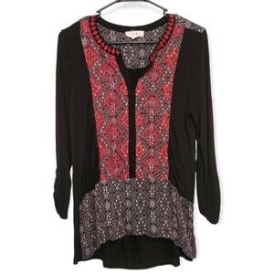 THML Black & Red Embroidered Boho Top Size Medium